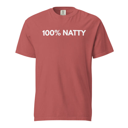 Crimson T-shirt, front view, with white '100% NATTY' lettering.