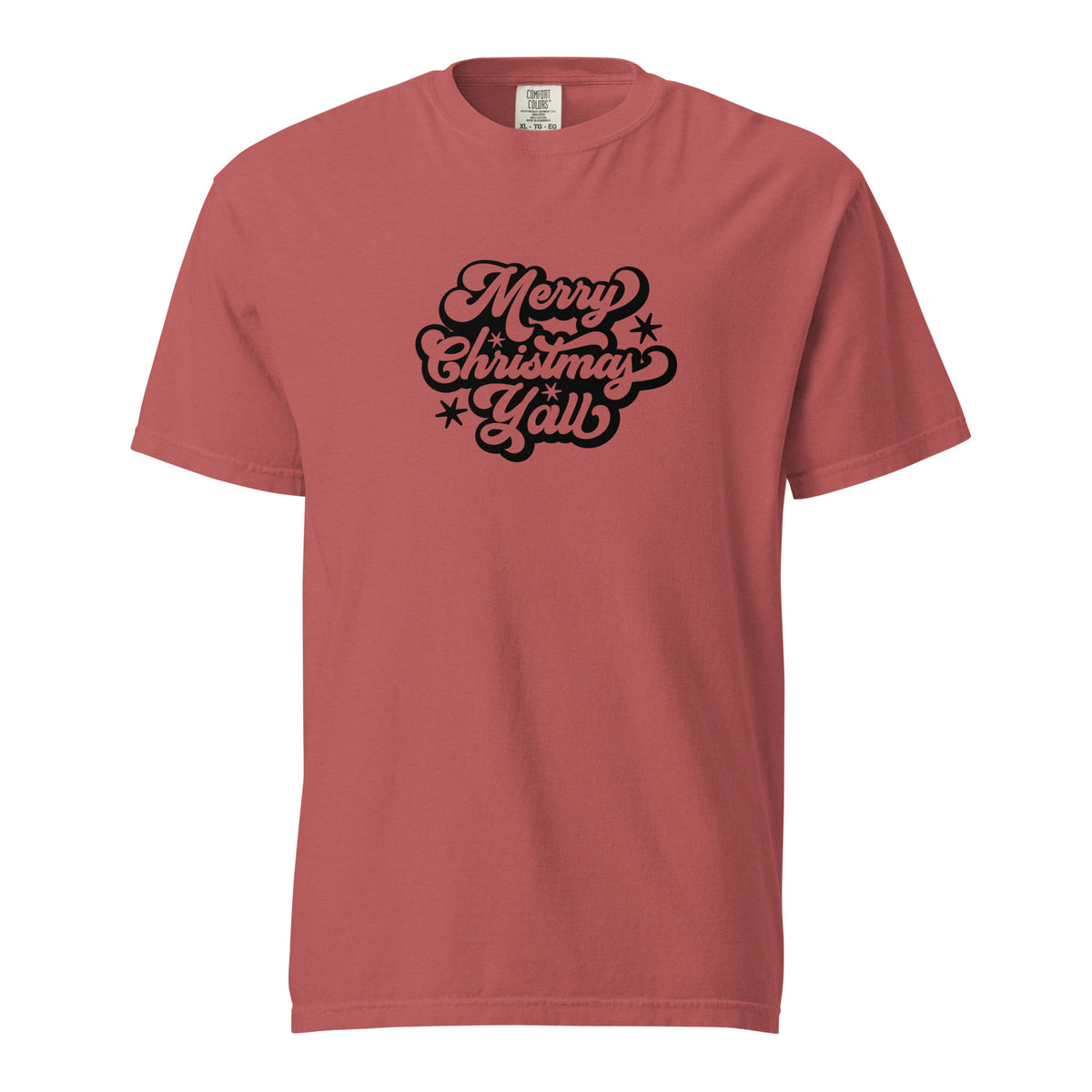 Crimson T-shirt, front view, with black 'Merry Christmas Y'all' script and stars.