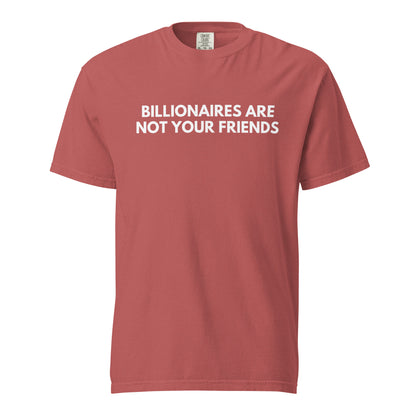Crimson T-shirt, front view, with white 'Billionaires Are Not Your Friends' lettering.