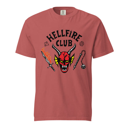 Crimson T-shirt, front view, with a red horned face beneath black 'Hellfire Club' lettering.