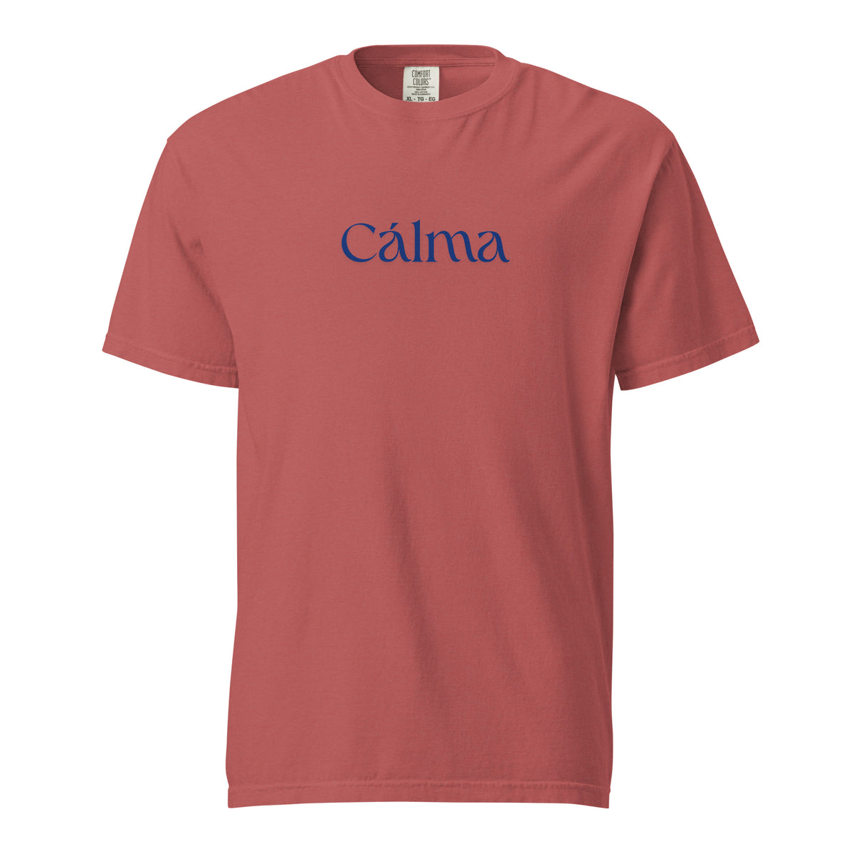 Crimson T-shirt, front view, with blue 'Calma' lettering.