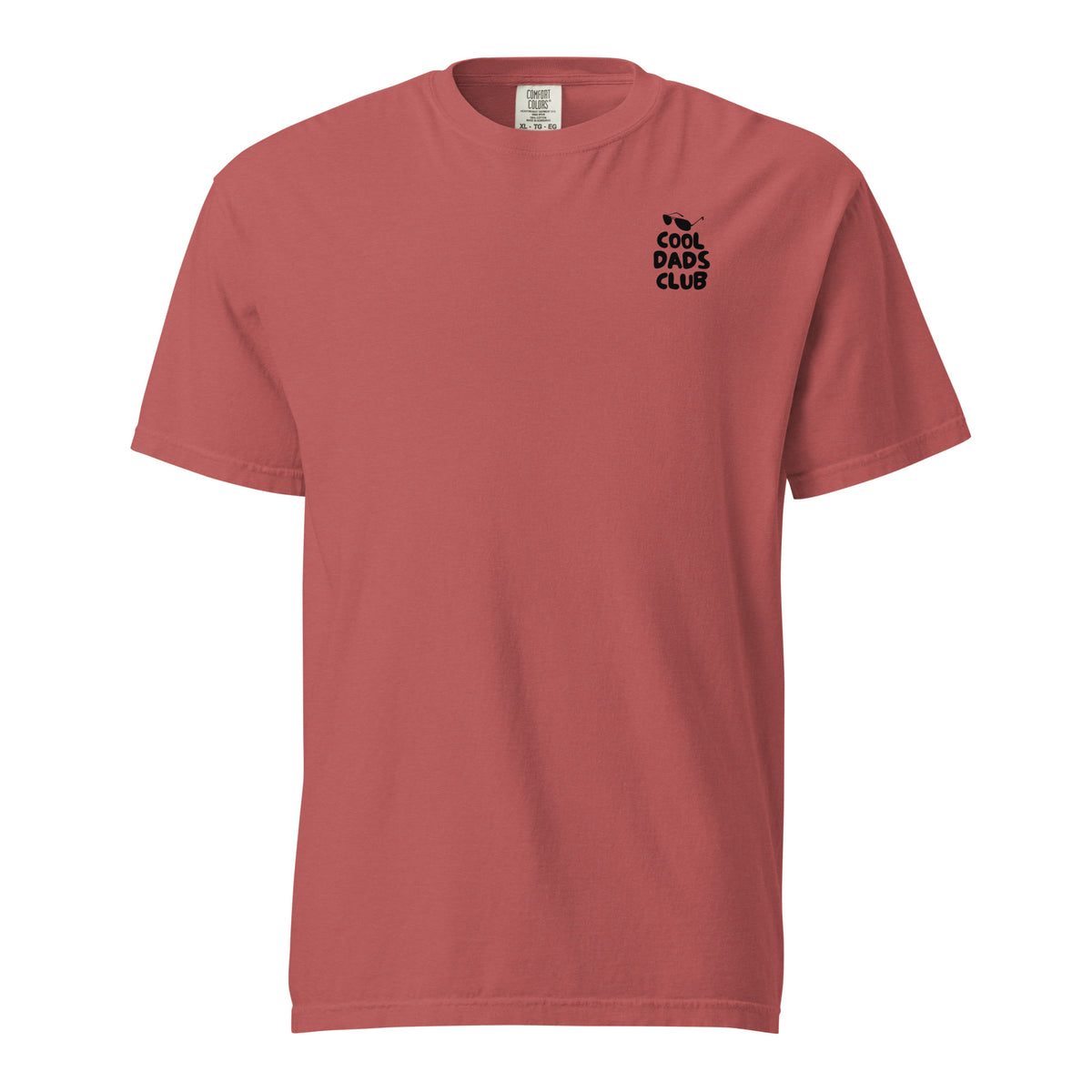 Crimson T-shirt, front view, with small black 'Cool Dads Club' chest lettering.