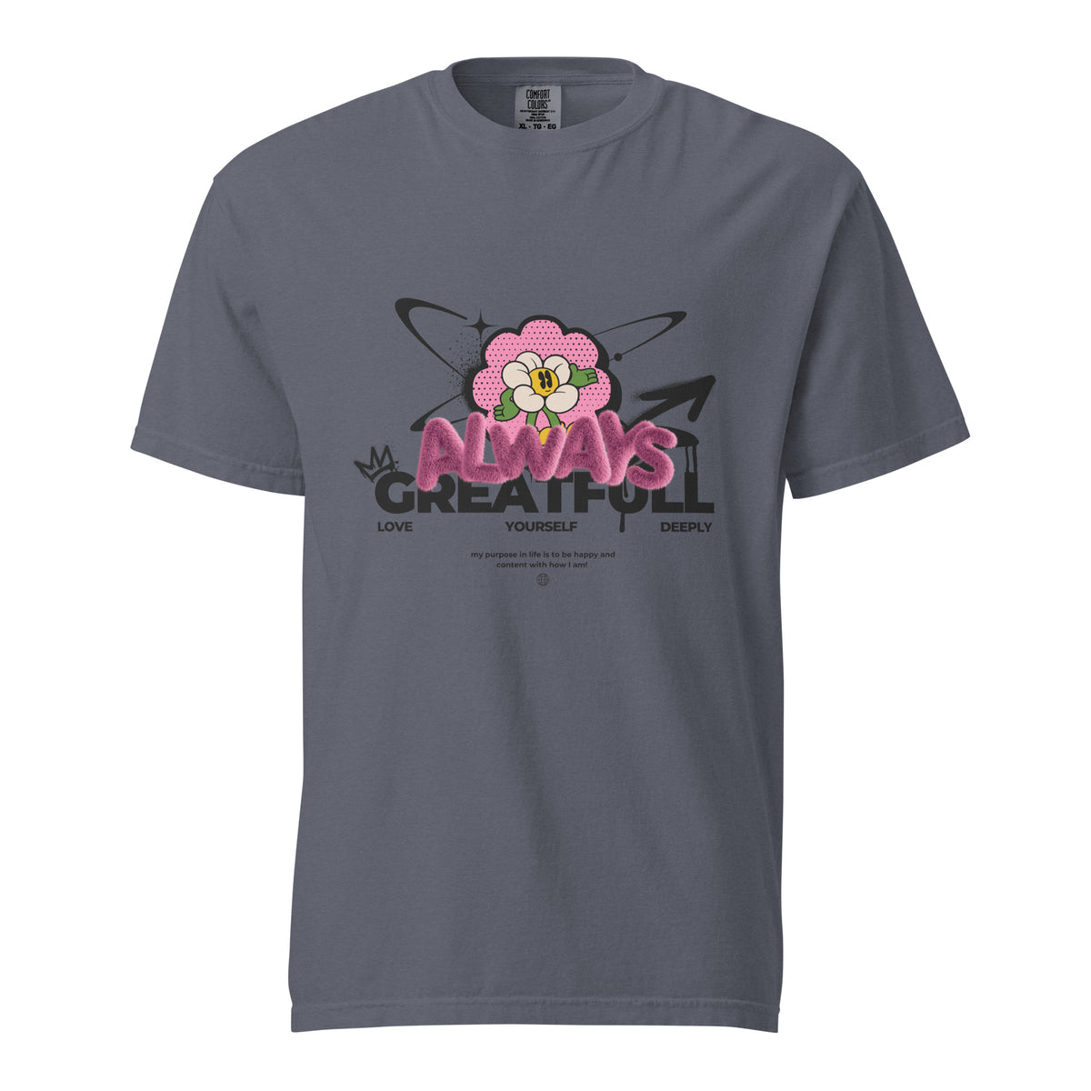 Denim T-shirt with a pink flower and Always Grateful lettering, front view.