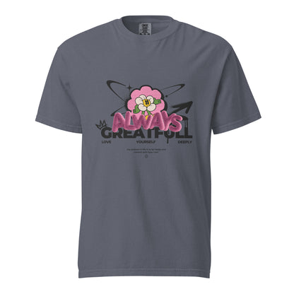Denim T-shirt with a pink flower and Always Grateful lettering, front view.