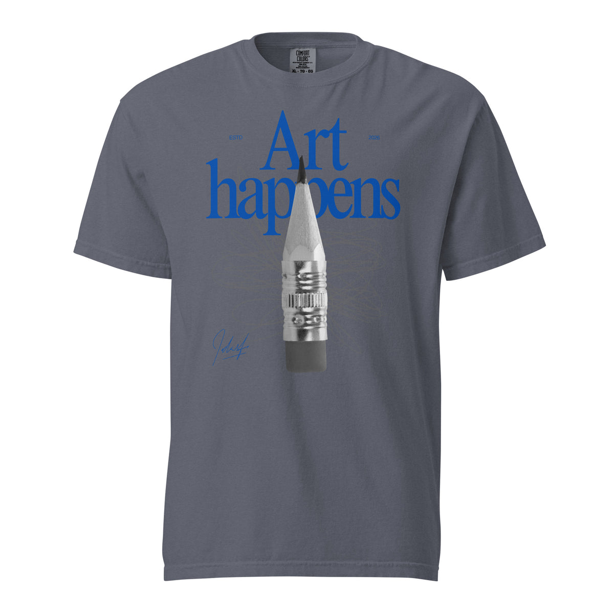 Denim T-shirt with blue Art Happens text and pencil graphic, front view.