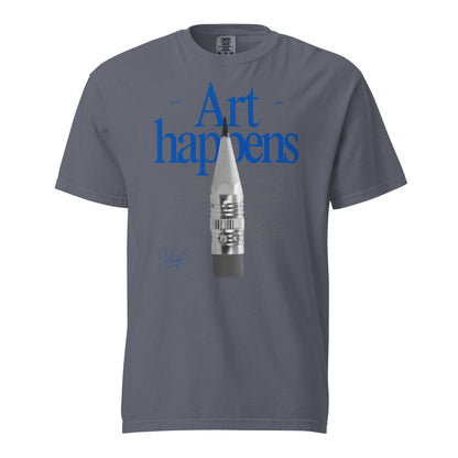 Denim T-shirt with blue Art Happens text and pencil graphic, front view.