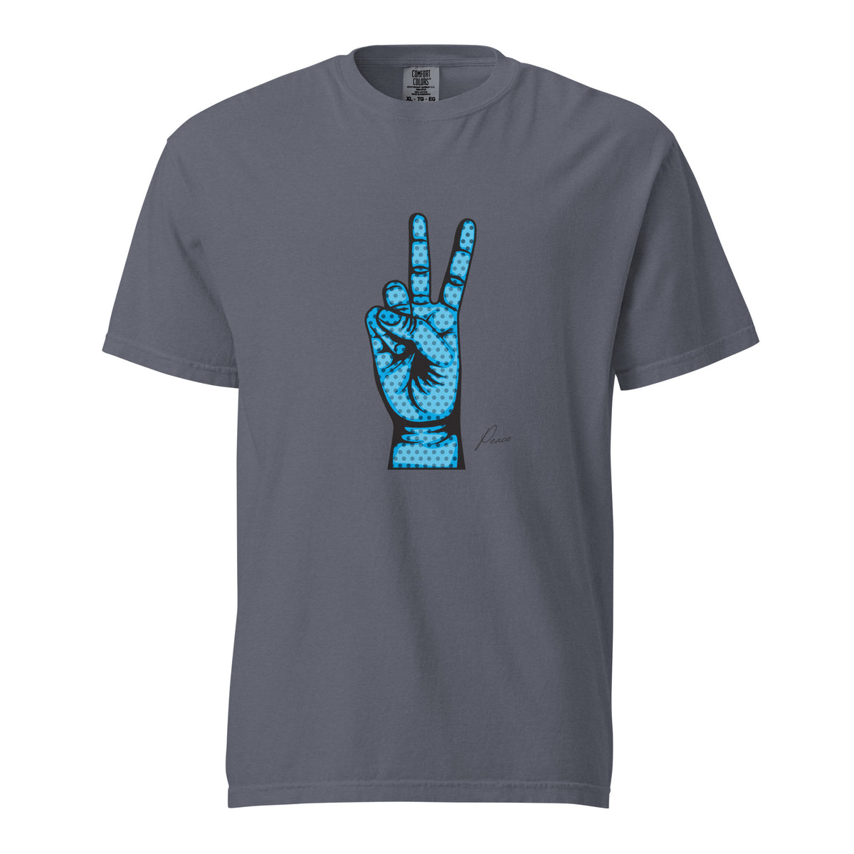 denim T-shirt, front view, with an illustrated blue hand making a peace sign.