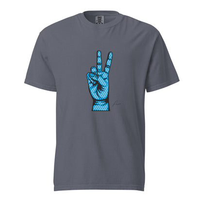 denim T-shirt, front view, with an illustrated blue hand making a peace sign.