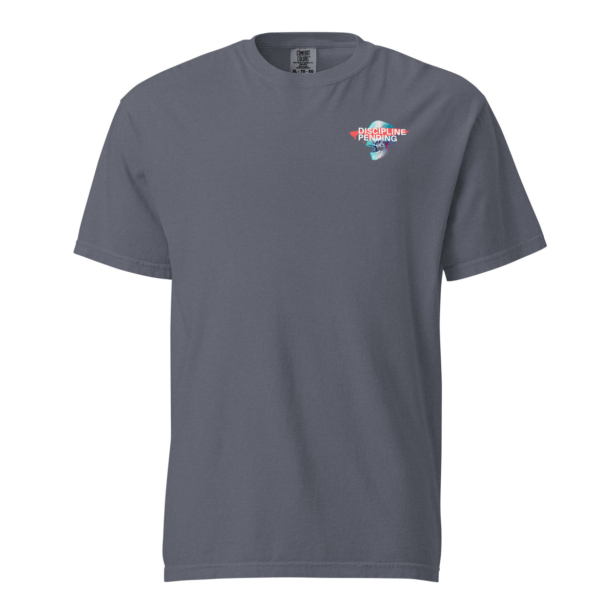 Denim T-shirt with a small blue skull graphic with red bar, front view.