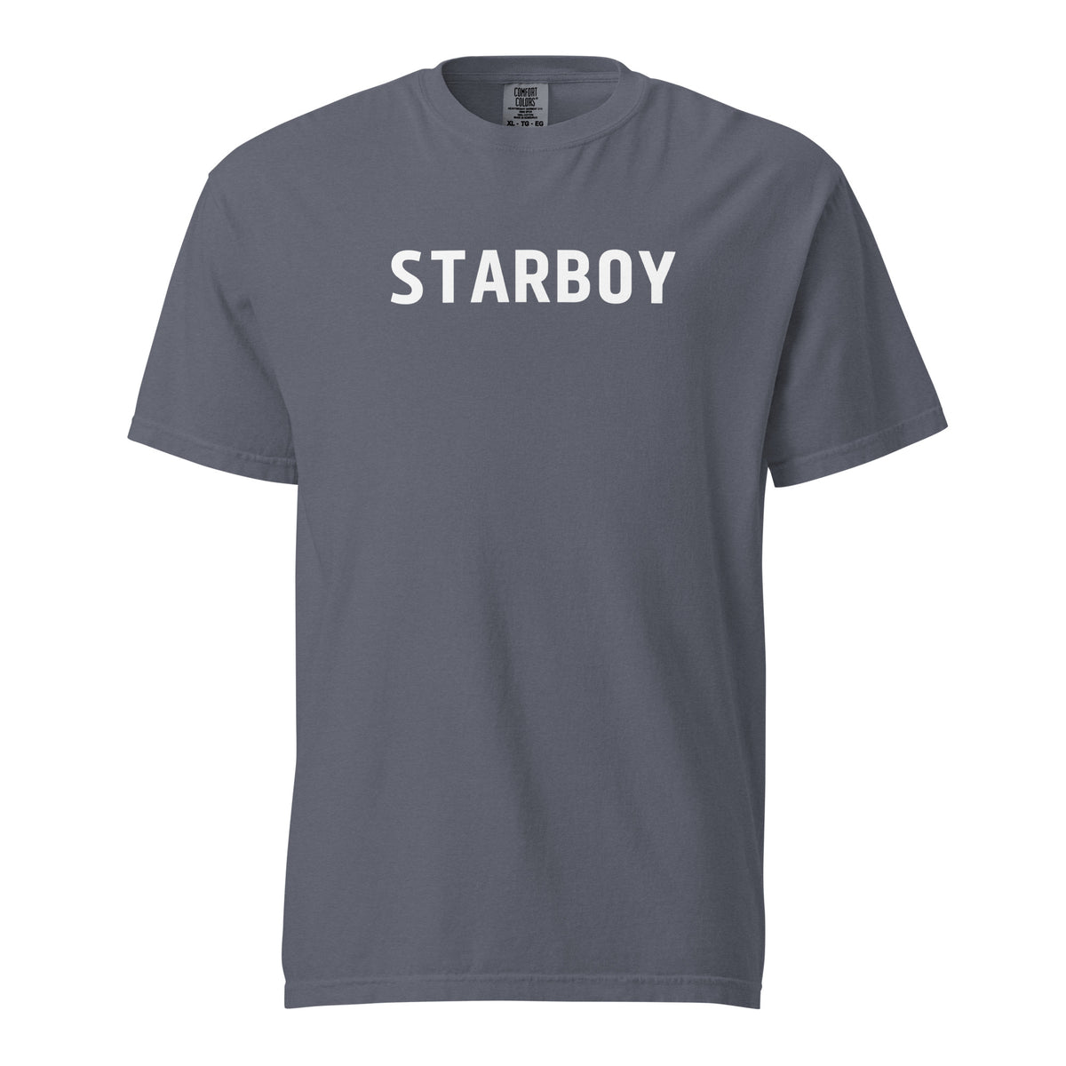 denim T-shirt, front view with white "STARBOY" lettering.
