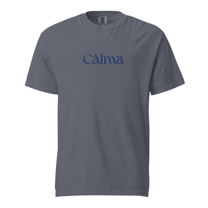 denim T-shirt, front view, with blue 'Calma' lettering.