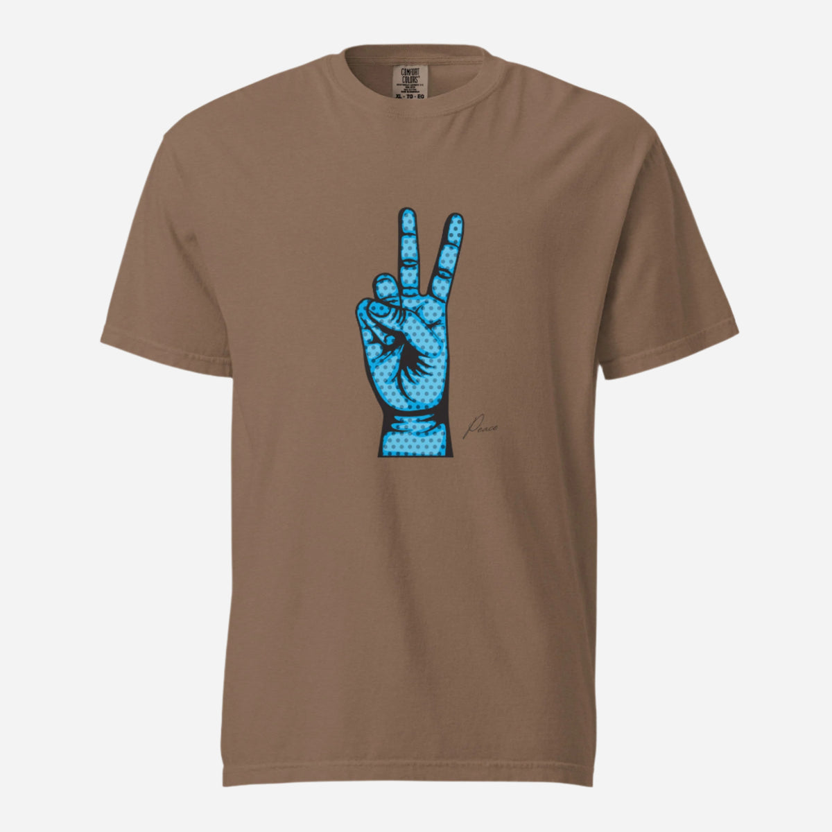 Espresso T-shirt, front view, with an illustrated blue hand making a peace sign.