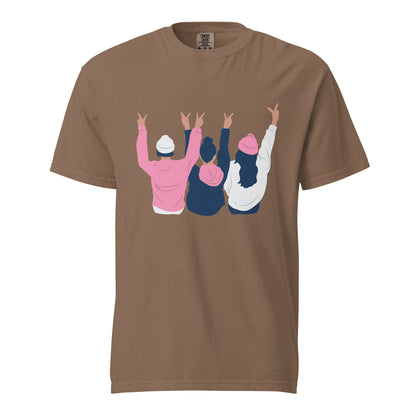 Espresso T-shirt, front view with an illustration of three figures raising peace signs.