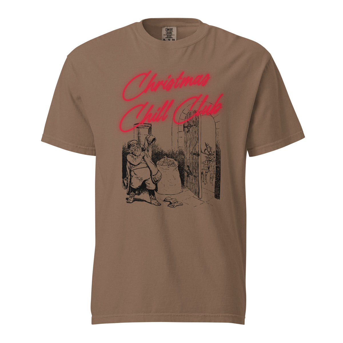 Espresso T-shirt, front view, with a seated Santa illustration beneath red 'Christmas Chill Club' script.