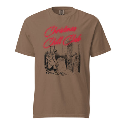 Espresso T-shirt, front view, with a seated Santa illustration beneath red 'Christmas Chill Club' script.