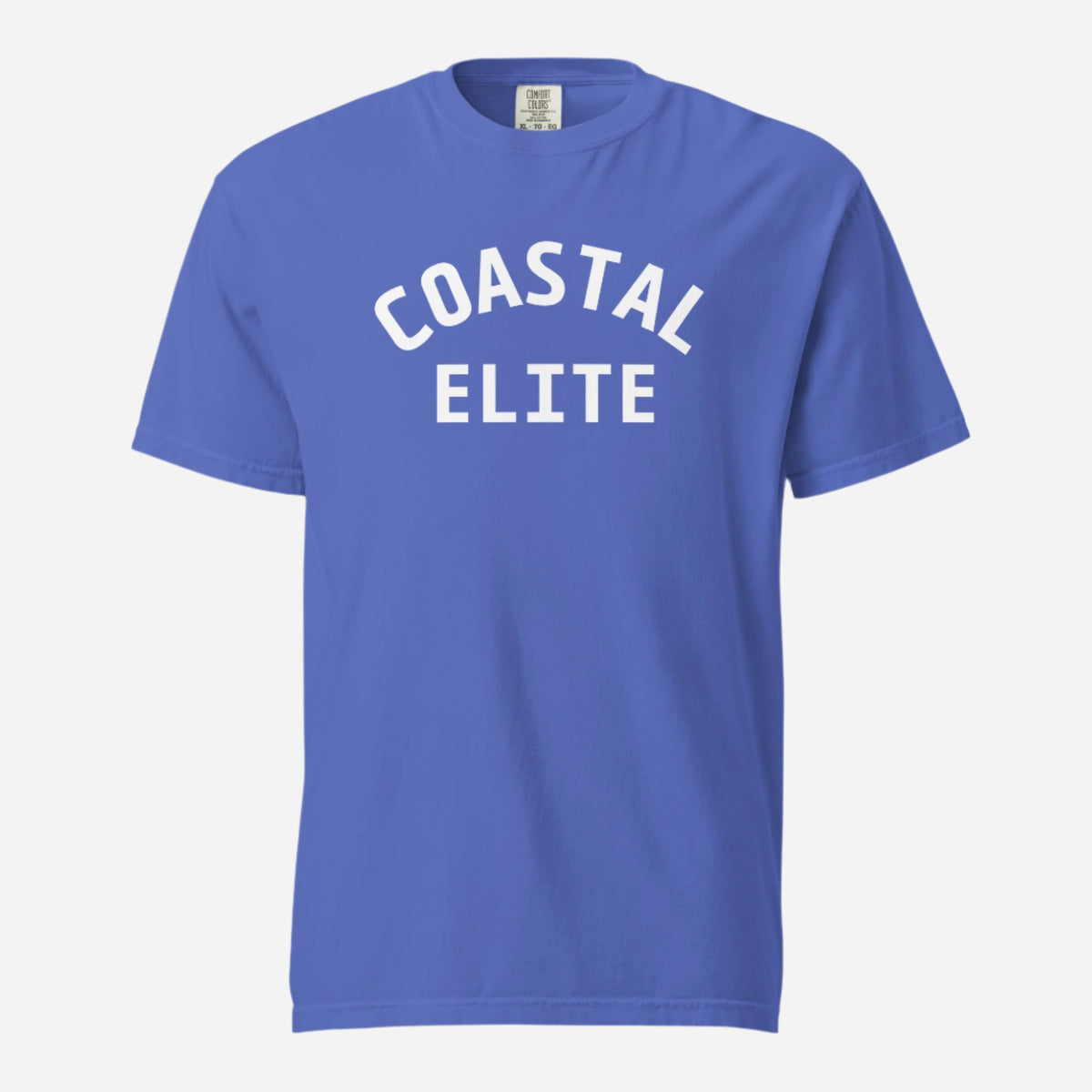 Flo Blue T-shirt, front view with white arched "Coastal Elite" lettering.