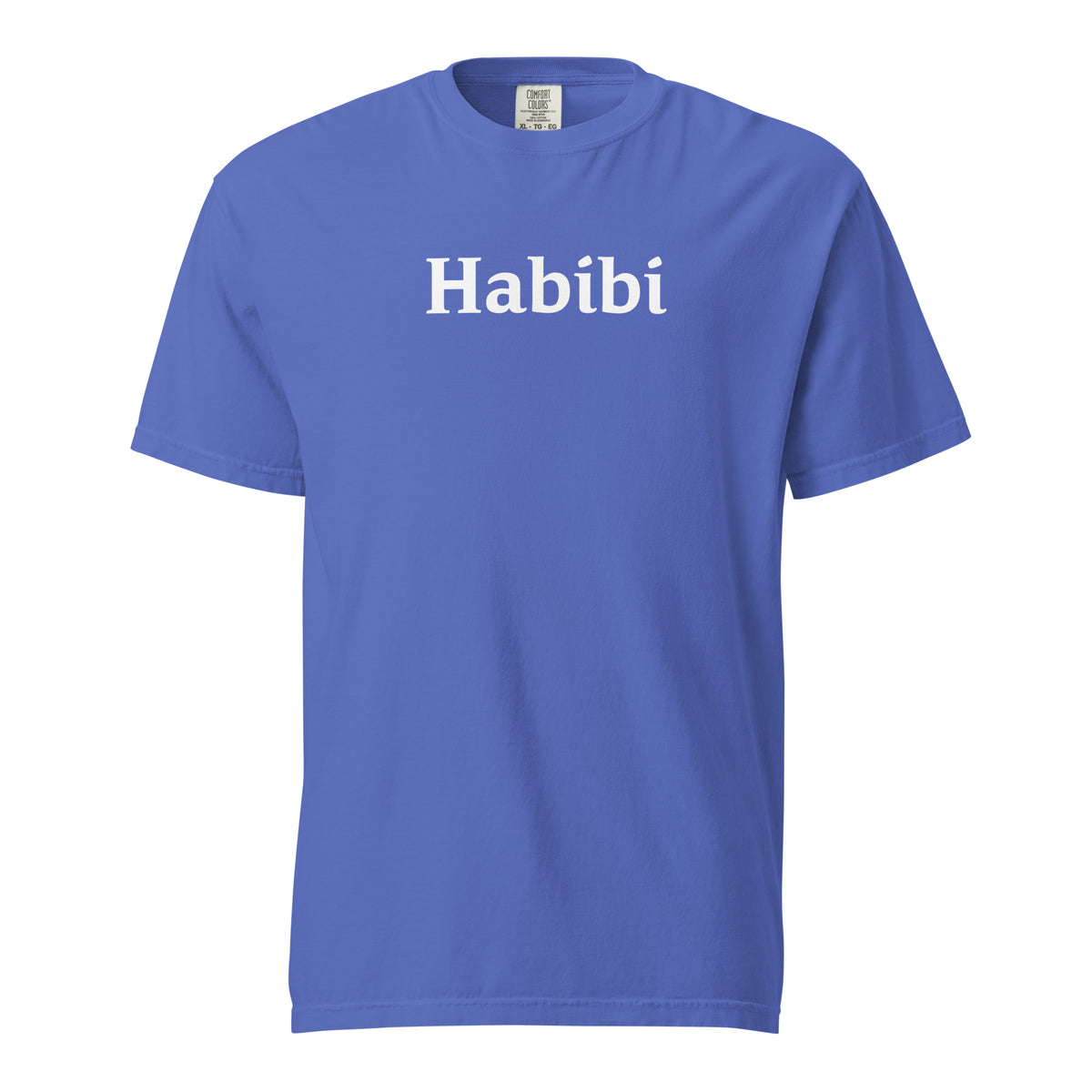 Flo Blue T-shirt, front view with white "Habibi" lettering.
