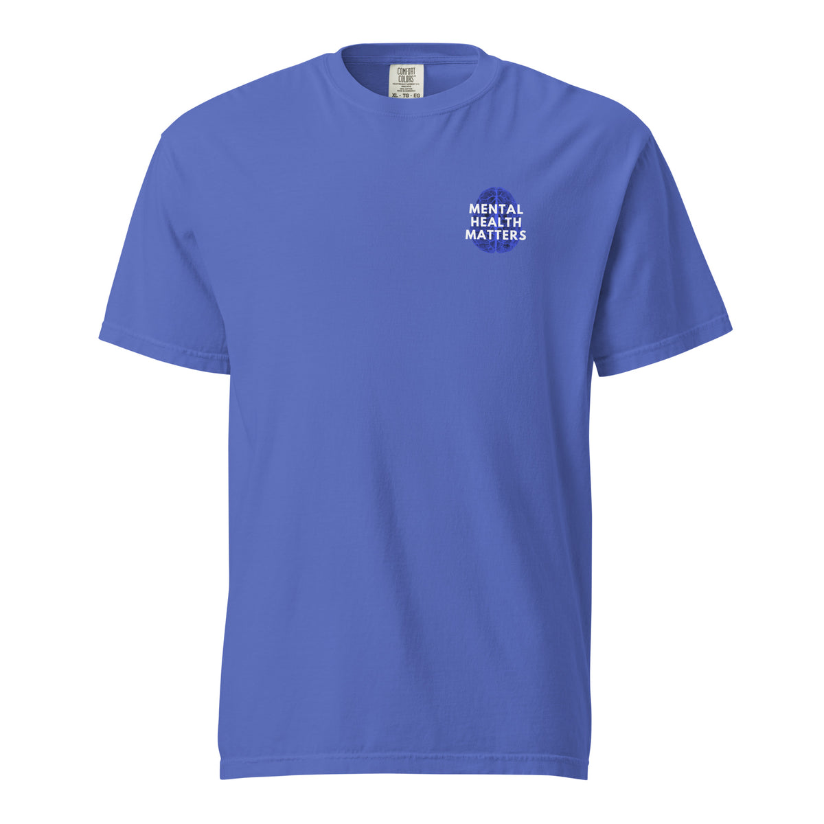 Flo Blue T-shirt, front view with a small blue-and-white "Mental Health Matters" chest design.