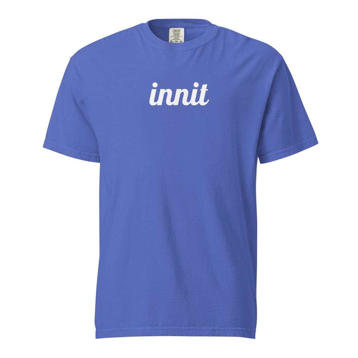 Innit T-shirt in Flo Blue, front view with white "innit" lettering.