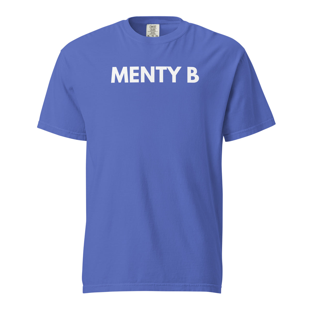 Flo Blue T-shirt, front view with white "MENTY B" lettering.
