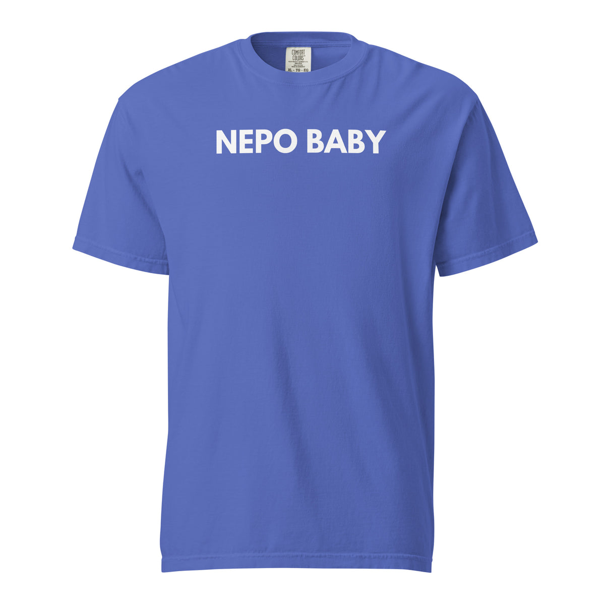Flo Blue T-shirt, front view, with white 'NEPO BABY' lettering.