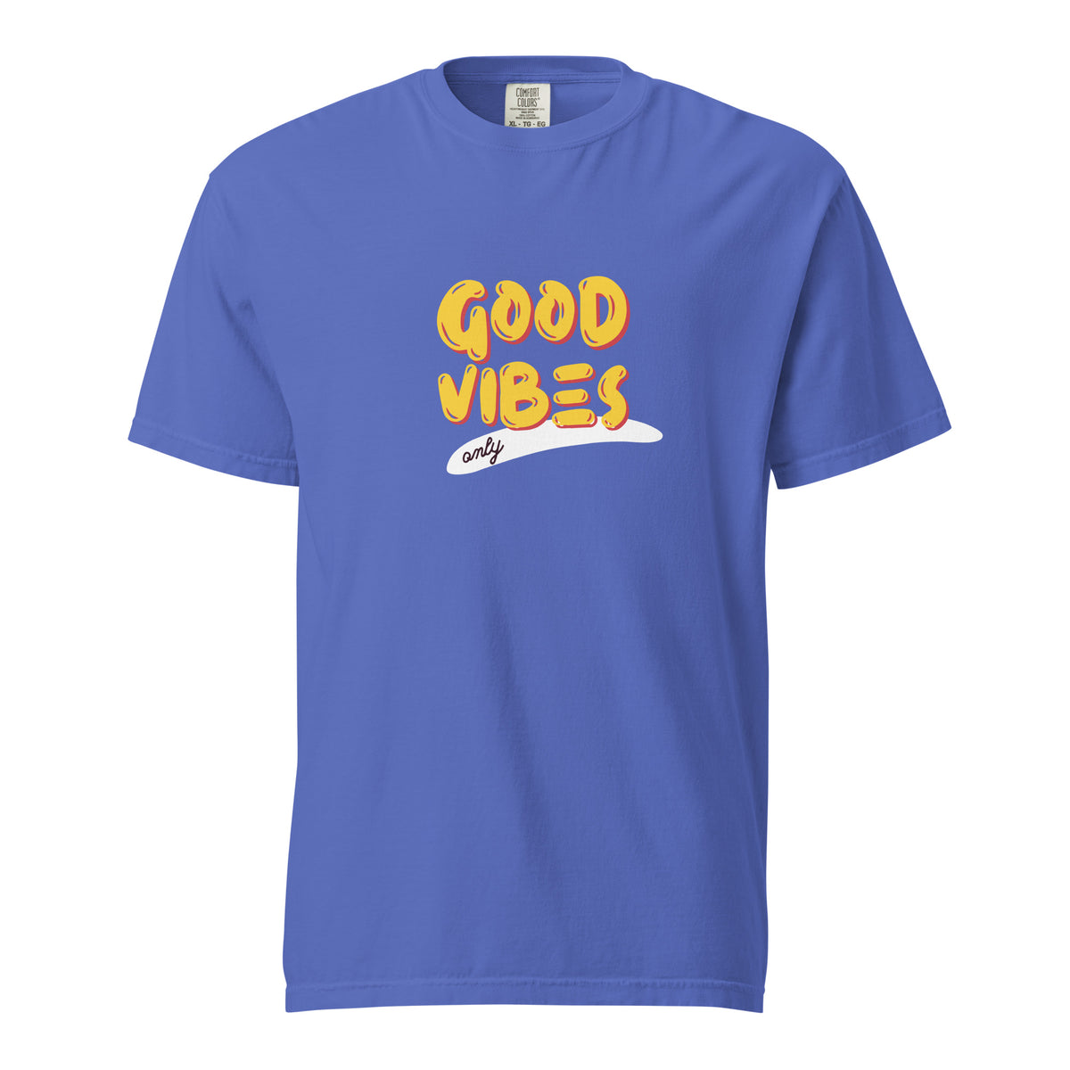 Flo Blue T-shirt, front view with yellow "Good Vibes" lettering and a white underline.