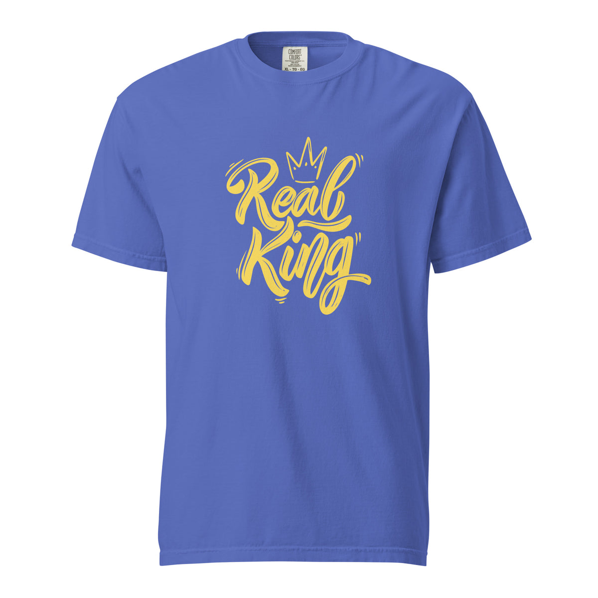 Flo Blue T-shirt with yellow Real King script and crown, front view.
