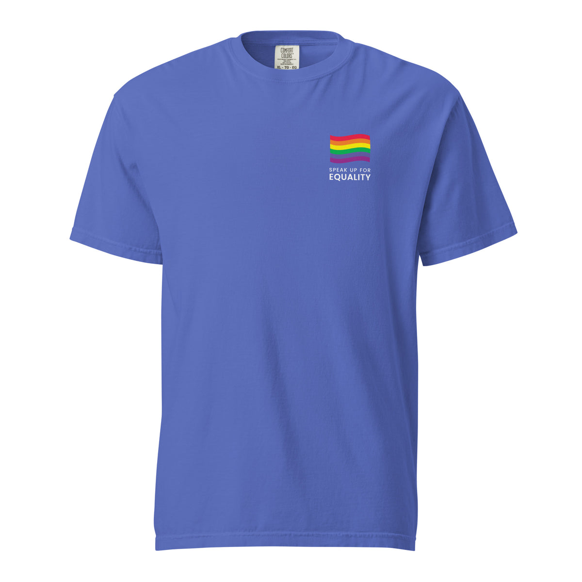 Flo Blue T-shirt with a rainbow flag and equality message, front view.