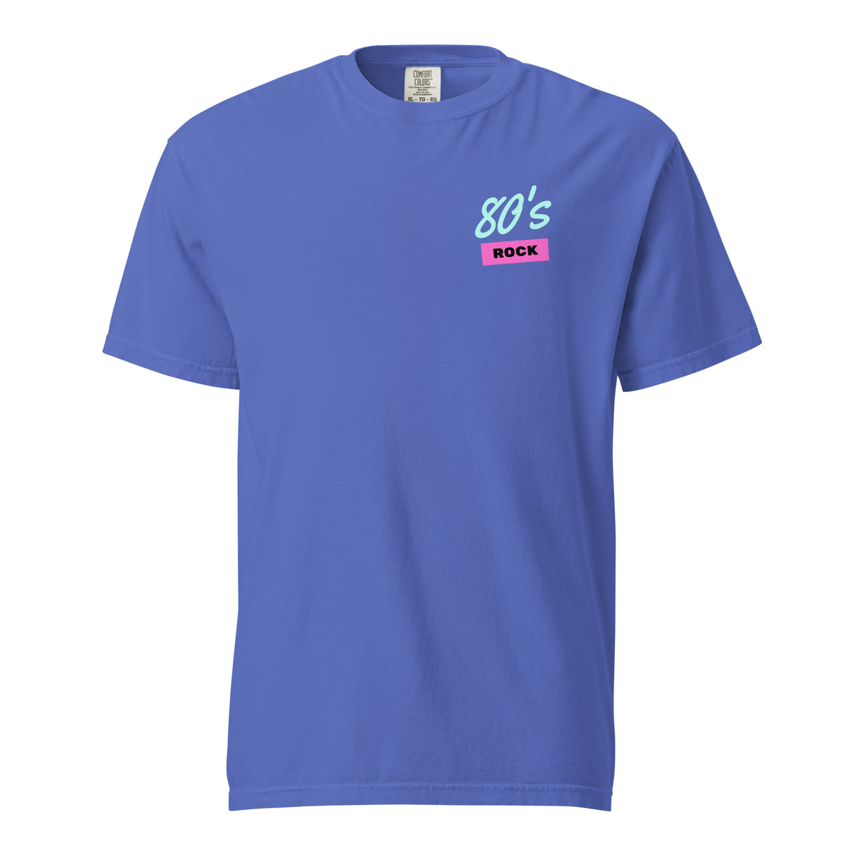 Flo Blue T-shirt, front view, with small mint '80s' lettering above a pink 'ROCK' label on the chest.