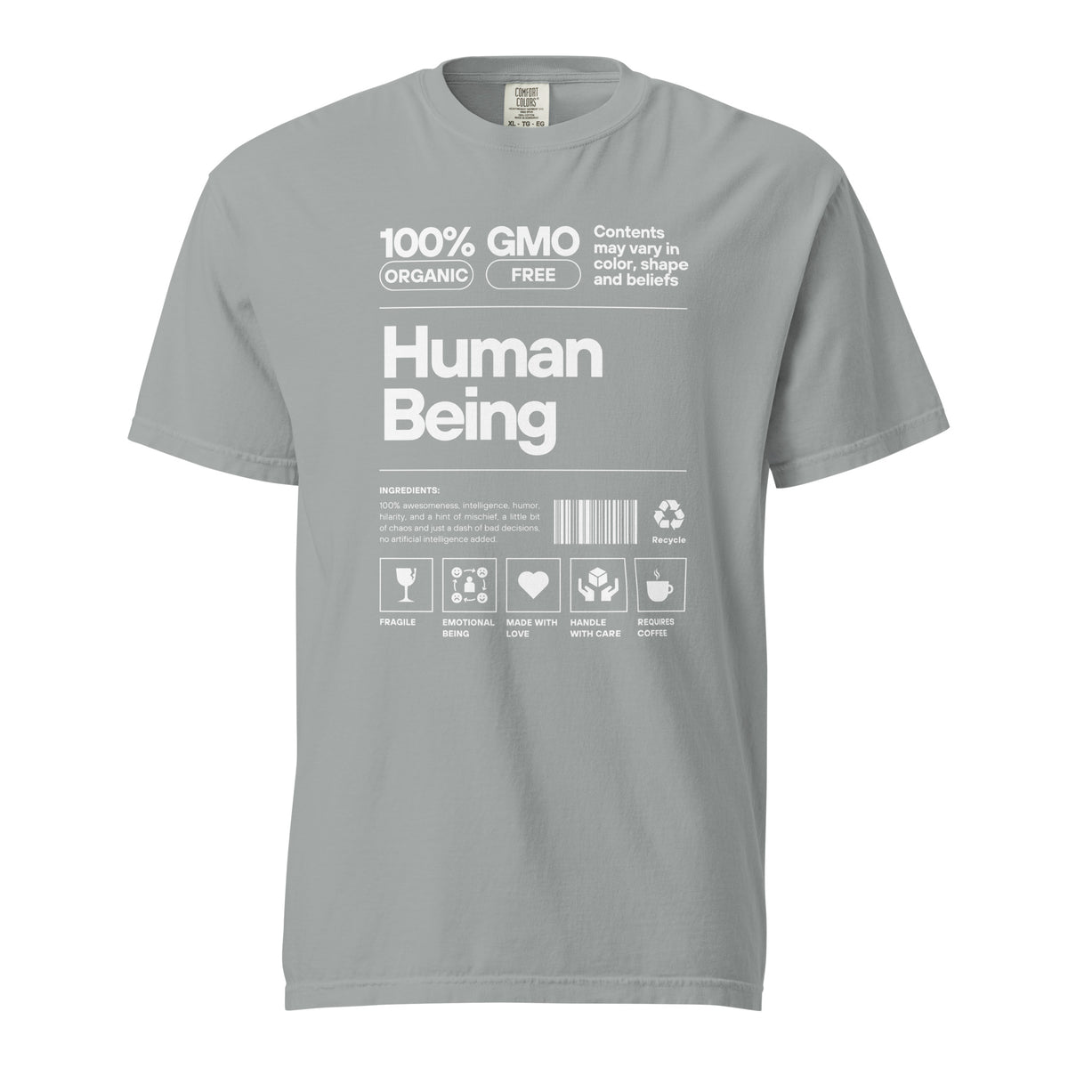 Granite T-shirt, front view, with a white label-style 'Human Being' design with small icons.