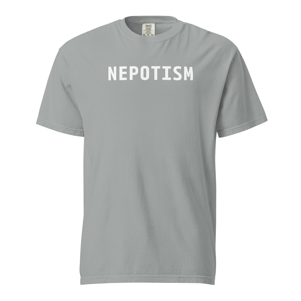 Granite T-shirt, front view with white "NEPOTISM" lettering.