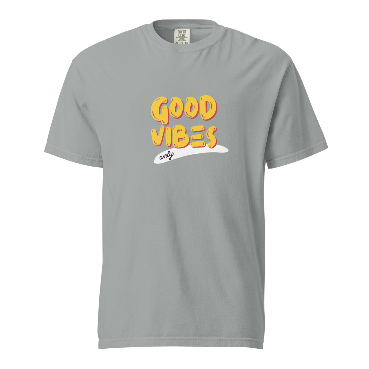 Granite T-shirt, front view with yellow "Good Vibes" lettering and a white underline.