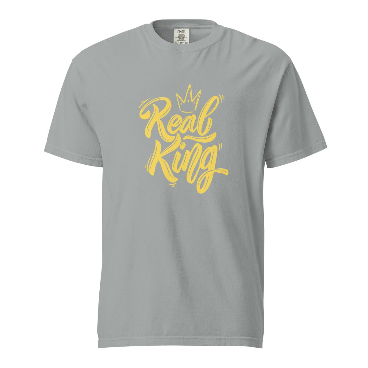 Granite T-shirt with yellow Real King script and crown, front view.