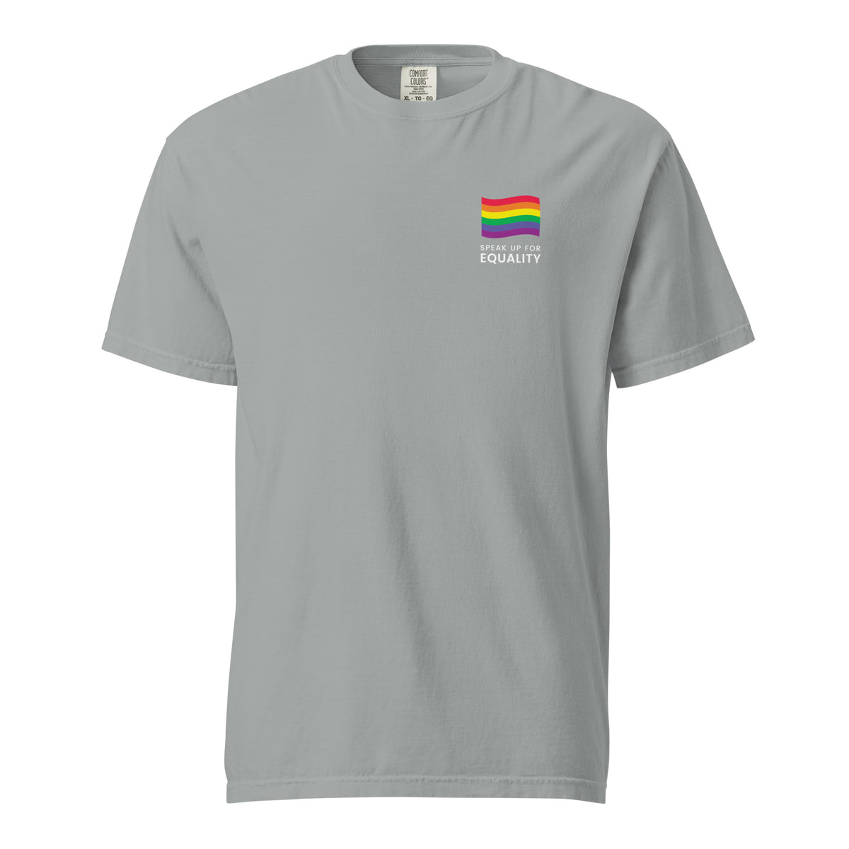 Granite T-shirt with a rainbow flag and equality message, front view.