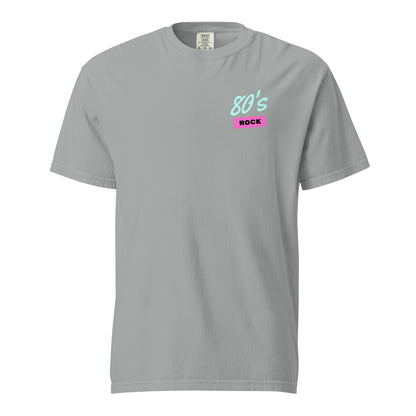 Granite T-shirt, front view, with small mint '80s' lettering above a pink 'ROCK' label on the chest.