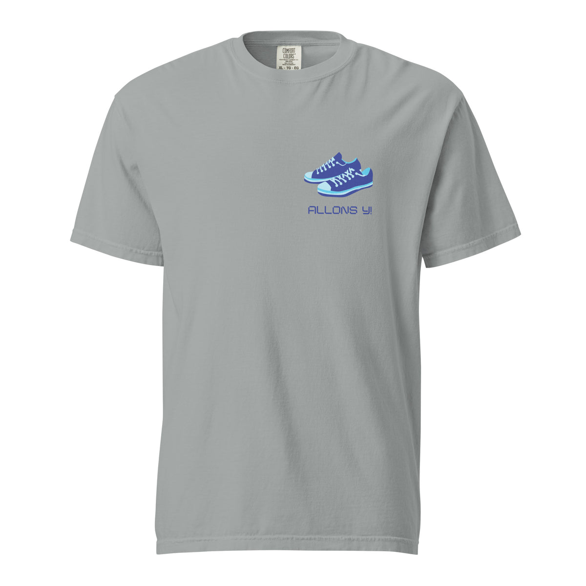 Granite T-shirt, front view with blue sneakers and "Allons Y" chest lettering.