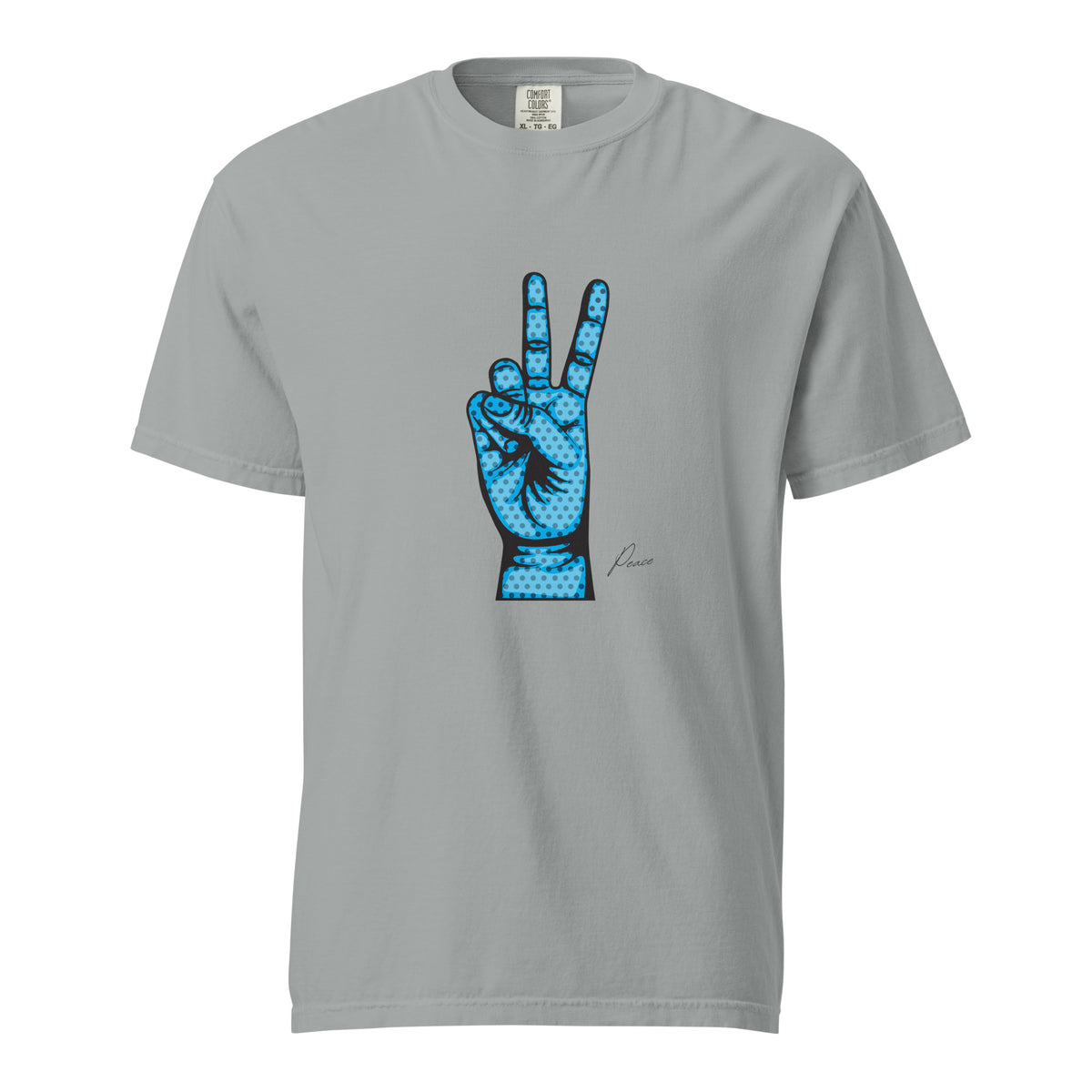 Granite T-shirt, front view, with an illustrated blue hand making a peace sign.