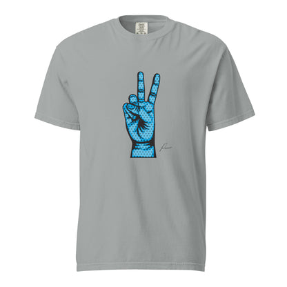 Granite T-shirt, front view, with an illustrated blue hand making a peace sign.
