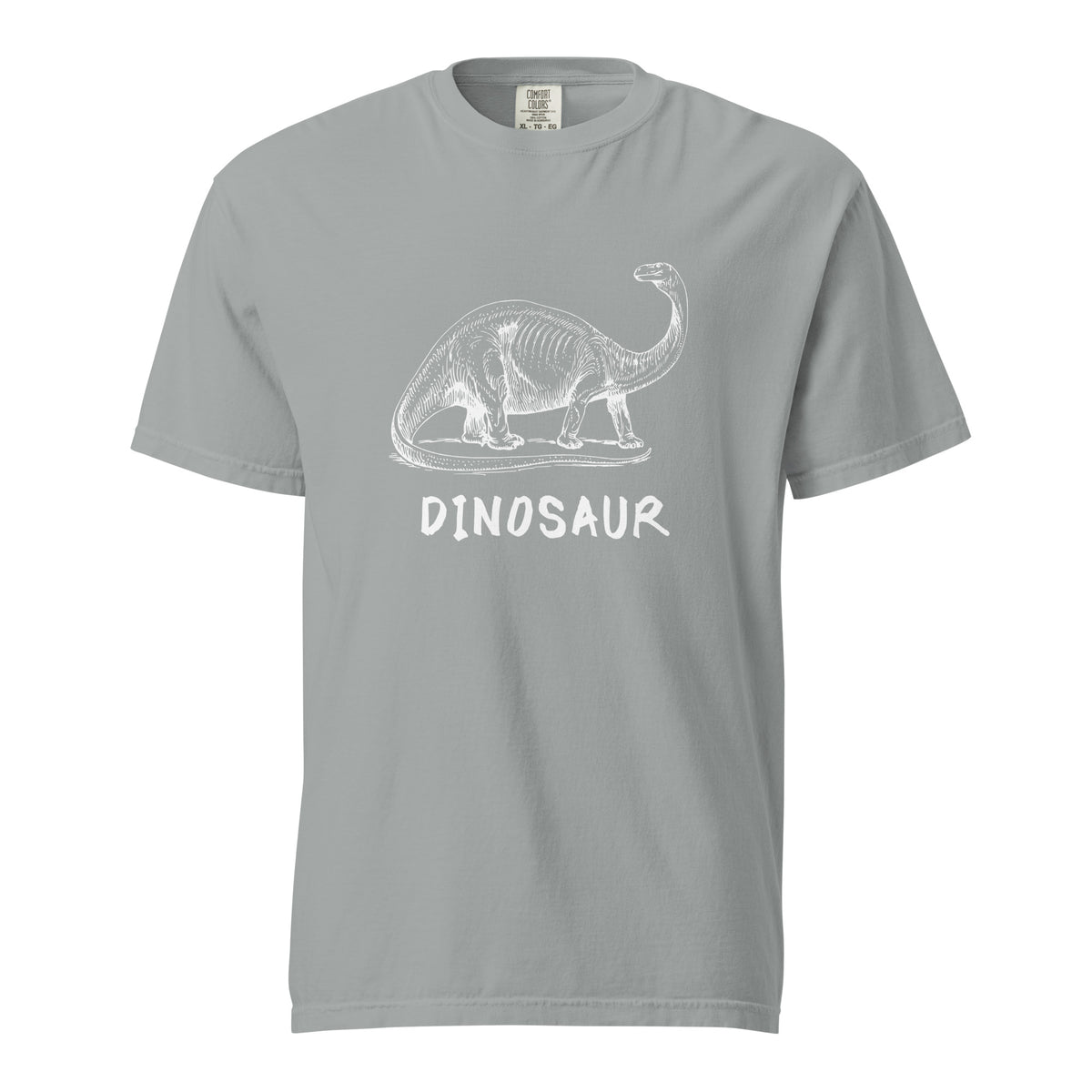 Granite T-shirt with a white dinosaur illustration and Dinosaur lettering, front view.