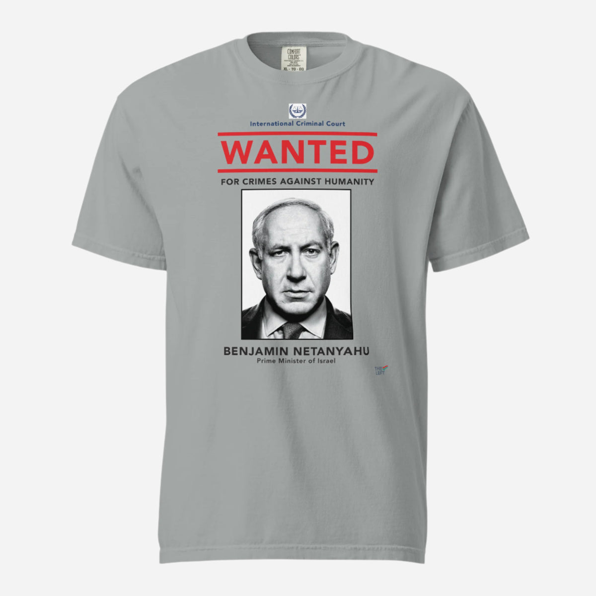 Granite T-shirt, front view, with a wanted-poster design with a monochrome portrait and red 'WANTED' text.