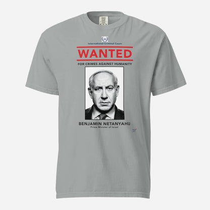 Granite T-shirt, front view, with a wanted-poster design with a monochrome portrait and red 'WANTED' text.
