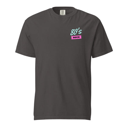 Graphite T-shirt, front view, with small mint '80s' lettering above a pink 'ROCK' label on the chest.