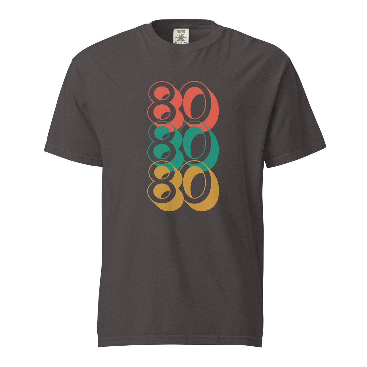Graphite T-shirt, front view with stacked red, green and yellow "80" numerals.