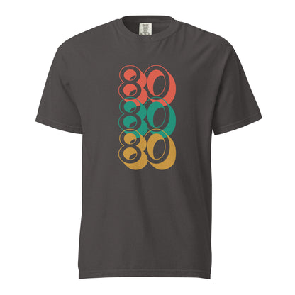Graphite T-shirt, front view with stacked red, green and yellow "80" numerals.