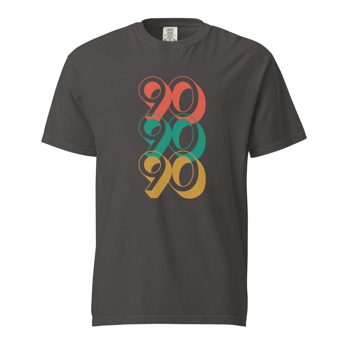 Graphite T-shirt with stacked red, green and yellow 90 numerals, front view.