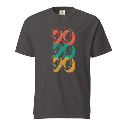 Graphite T-shirt with stacked red, green and yellow 90 numerals, front view.