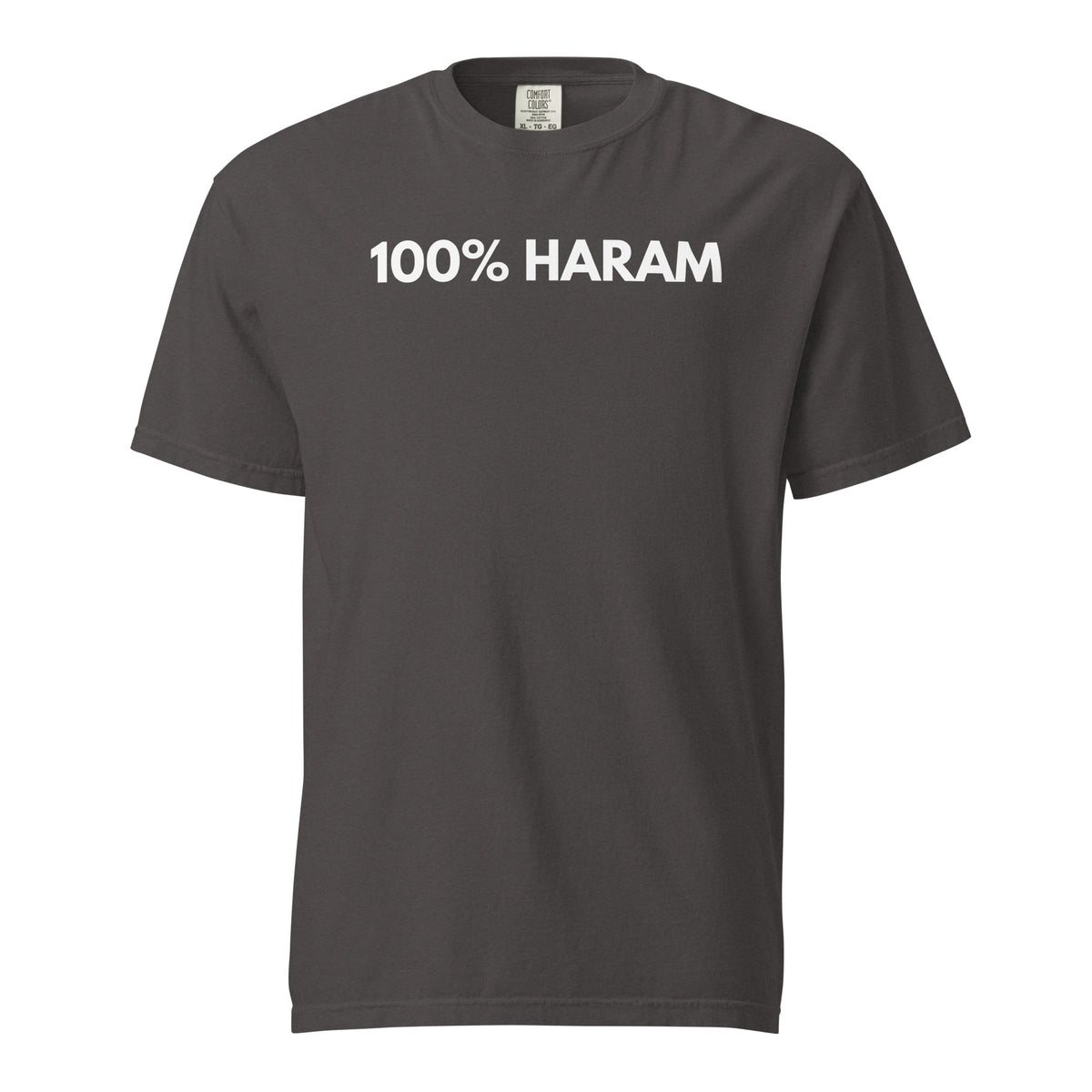 Graphite T-shirt, front view, with white '100% HARAM' lettering.