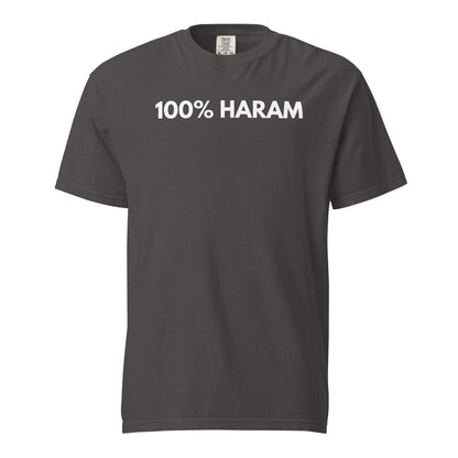 Graphite T-shirt, front view, with white '100% HARAM' lettering.