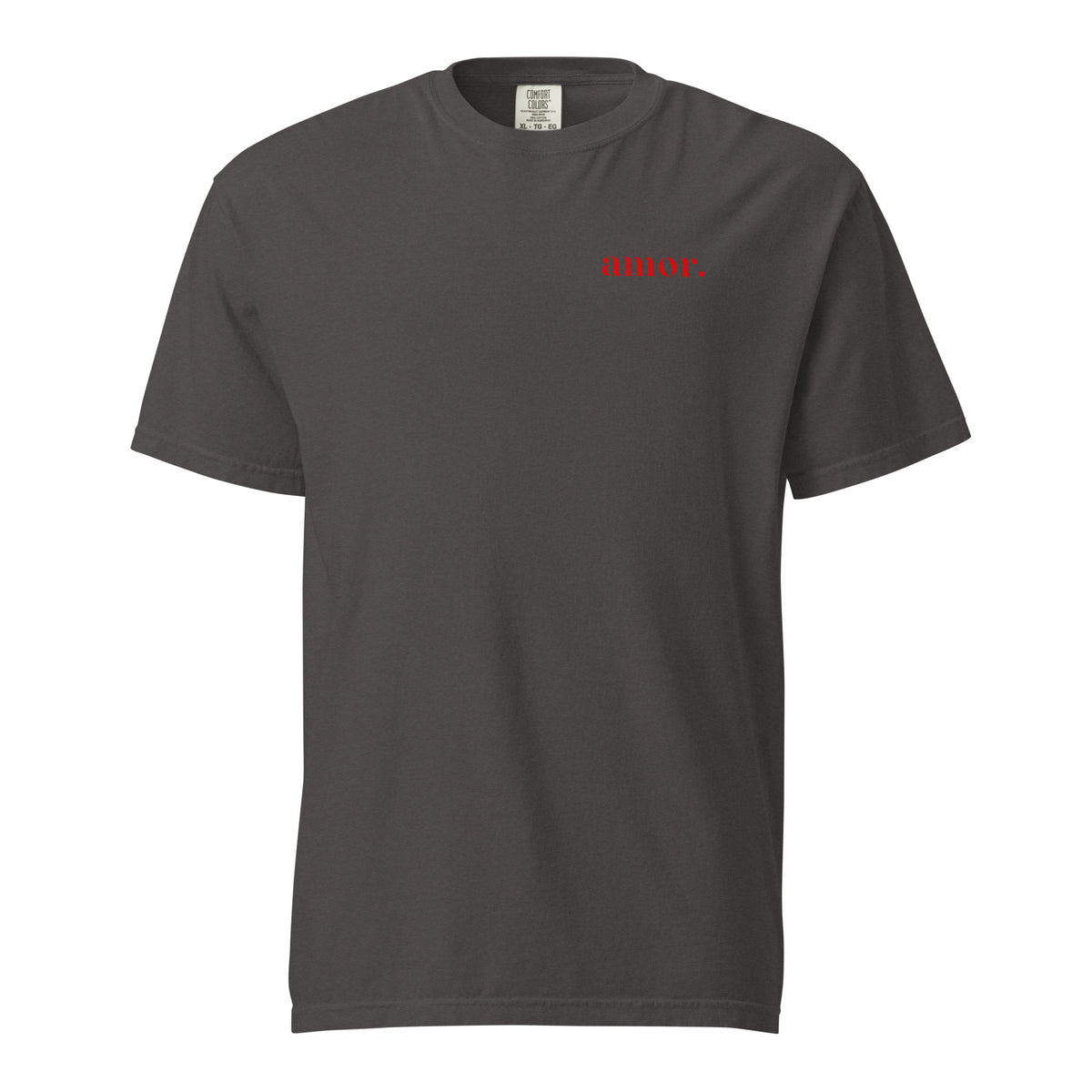 Graphite T-shirt, front view, with small red 'amor.' lettering on the chest.