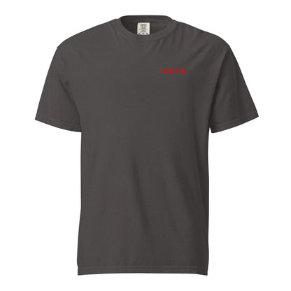 Graphite T-shirt, front view, with small red 'amor.' lettering on the chest.